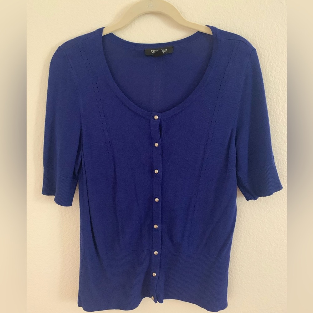 White House Black Market Blue button down short sleeve Sweater Cardigan Medium
